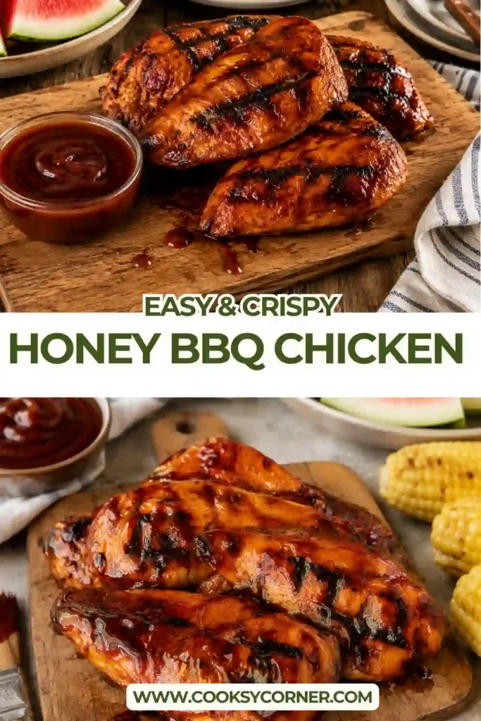 Grilled Honey BBQ Chicken served with extra homemade barbecue sauce and fresh parsley garnish.