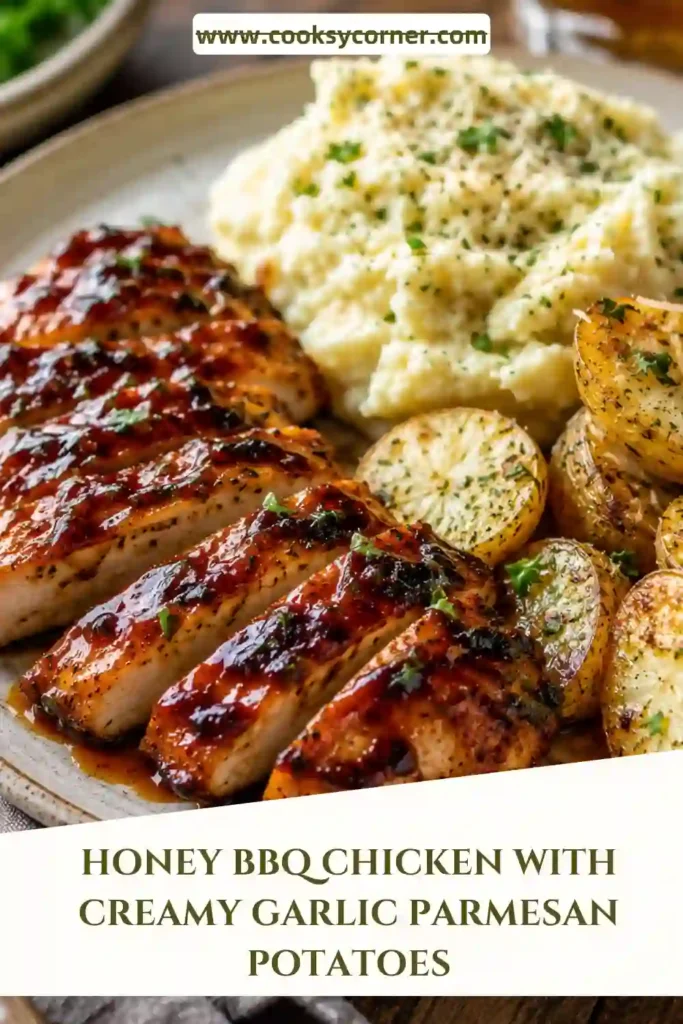 A baking dish filled with honey BBQ chicken thighs resting on creamy garlic Parmesan potatoes. The chicken is caramelized and golden while the potatoes are coated in a rich, cheesy sauce.