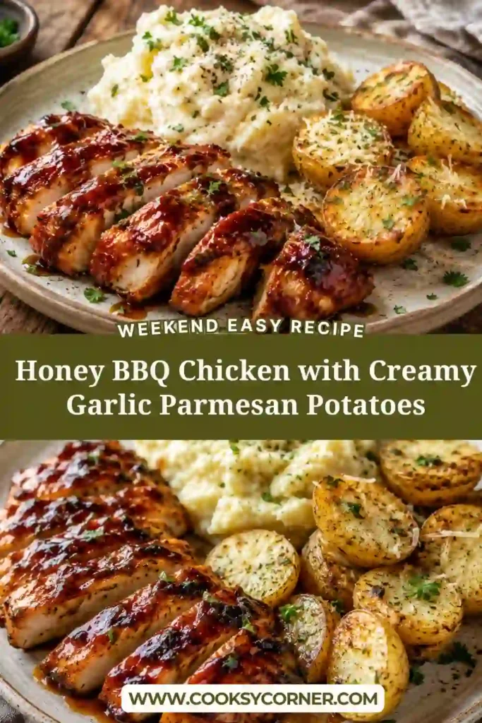 Close-up of tender honey BBQ chicken served with cheesy garlic Parmesan potatoes. The dish features a creamy texture and beautifully browned chicken.
