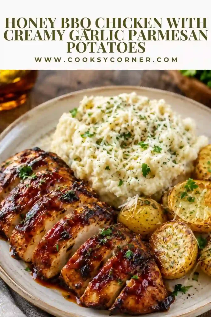 Freshly baked honey BBQ chicken with creamy Parmesan potatoes garnished and ready to serve. The golden potatoes are layered beneath juicy chicken thighs.