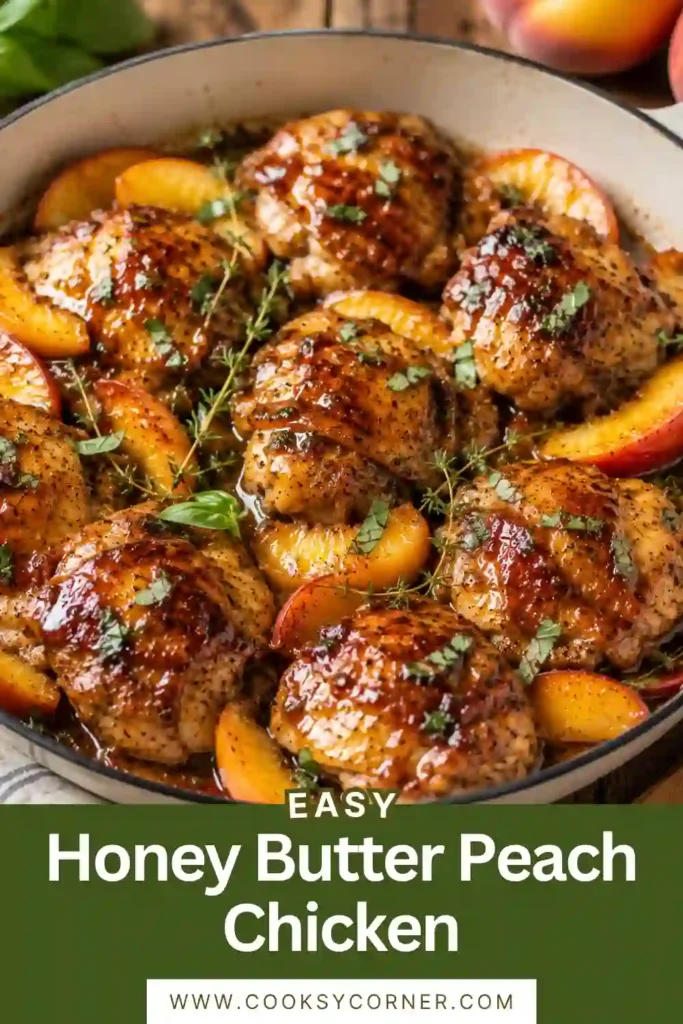 Juicy chicken thighs baked in a rich honey butter sauce with caramelized peaches and fresh herbs. This sweet and savory chicken dinner is served straight from the skillet.