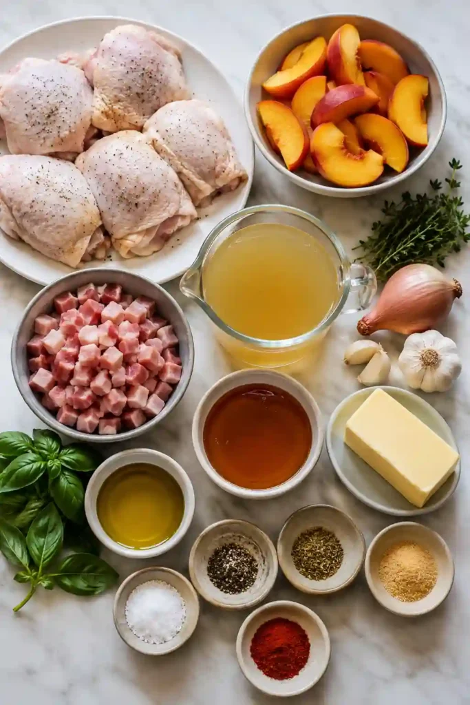 Honey Butter Peach Chicken served with fresh basil and thyme in a rustic skillet. Sweet peaches complement the savory chicken for a flavorful family dinner.