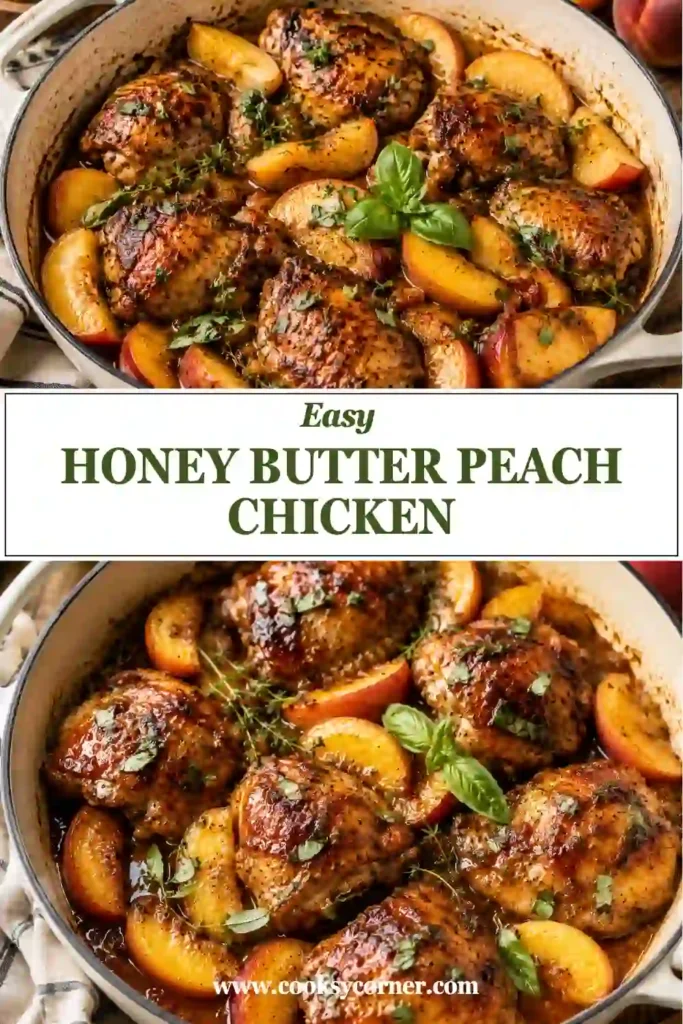 A skillet of Honey Butter Peach Chicken featuring golden-brown chicken thighs nestled in a glossy honey butter sauce with fresh peach slices and thyme. The dish is garnished with basil for a vibrant finish.