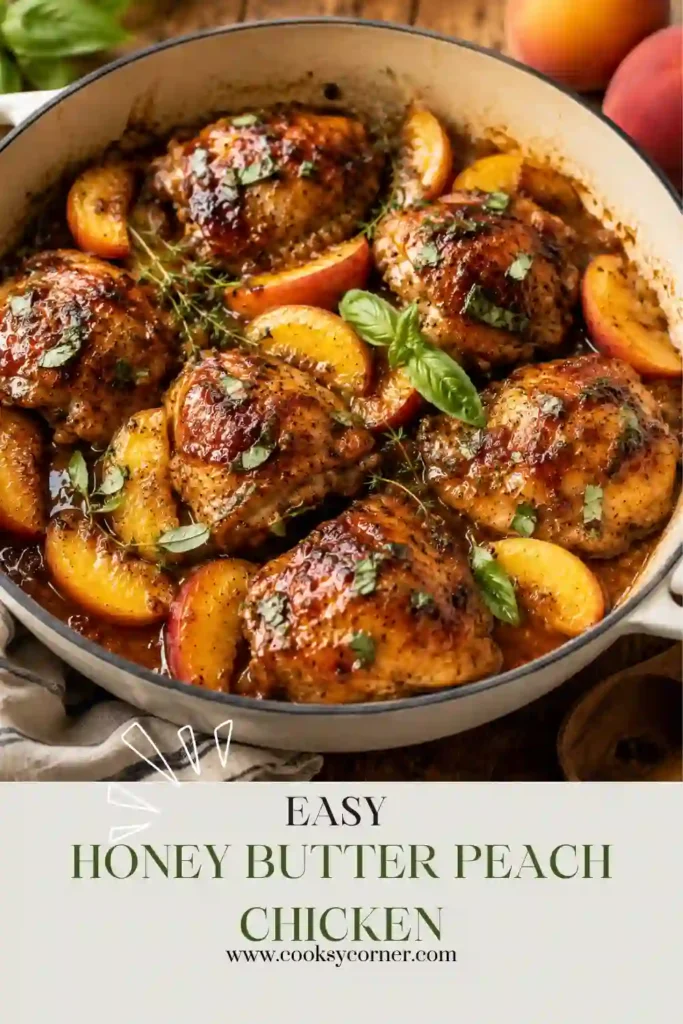 Fresh peaches and tender chicken thighs cooked in a buttery honey glaze. The golden sauce and colorful herbs create an elegant and comforting meal.