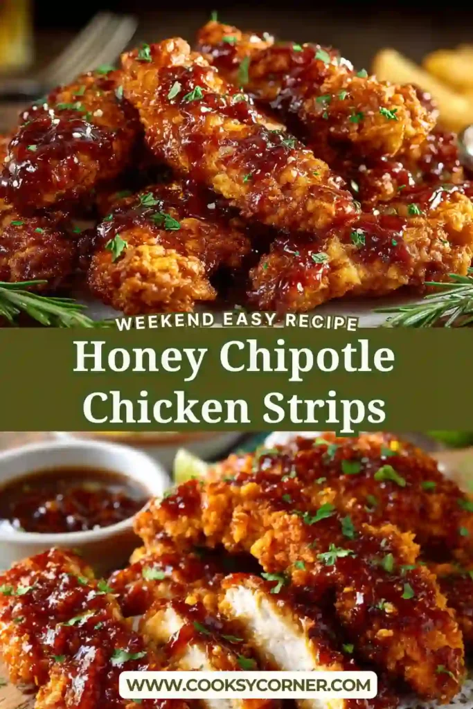 A plate of Honey Chipotle Chicken Strips coated in a glossy sweet and spicy sauce. The crispy chicken is served fresh with fries and ranch dressing for a flavorful meal.