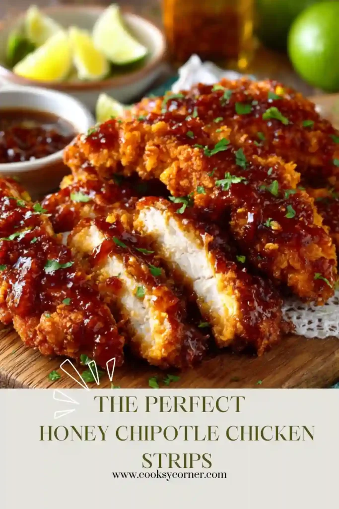 Homemade Honey Chipotle Chicken Strips served with fries and dipping sauce. The chicken has a crispy golden crust covered in a sticky chipotle honey glaze.