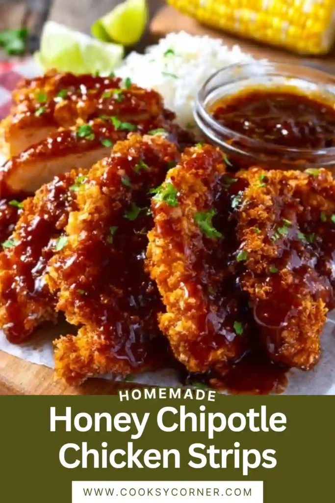 Close-up view of crispy Honey Chipotle Chicken Strips coated in a rich red glaze. The chicken is crunchy on the outside and tender inside.