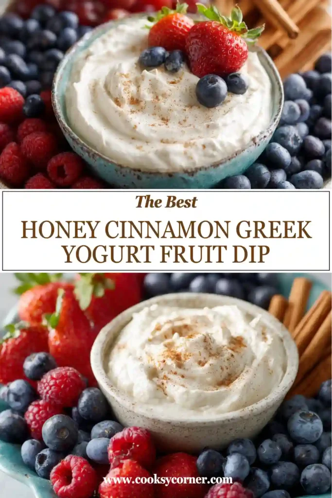 Greek yogurt fruit dip garnished with cinnamon and served alongside colorful fruit.