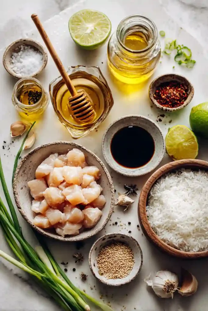 Quick honey garlic chicken recipe served with rice and fresh lime wedges.