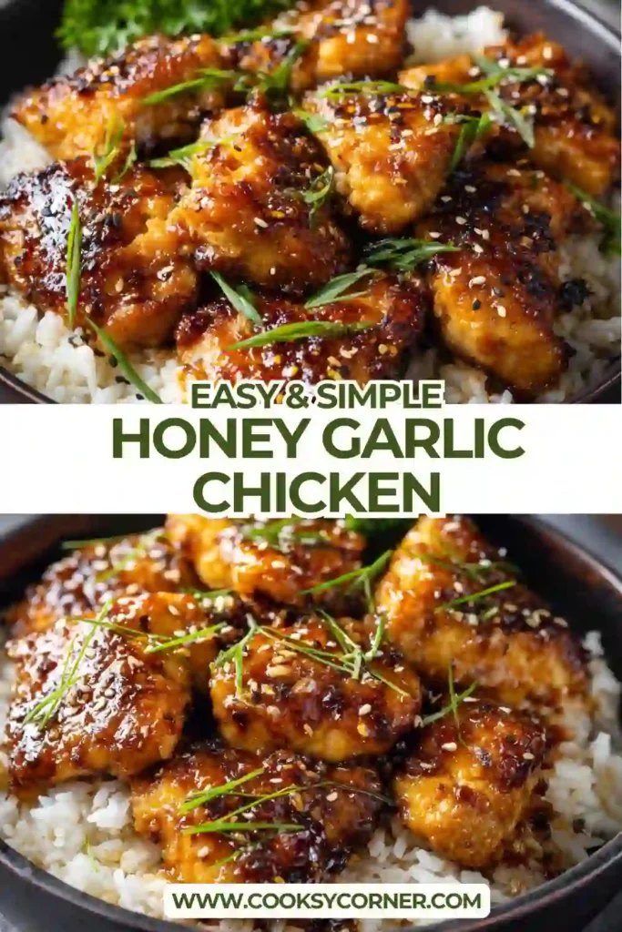 Honey Garlic Chicken served over rice and garnished with green onions and sesame seeds.