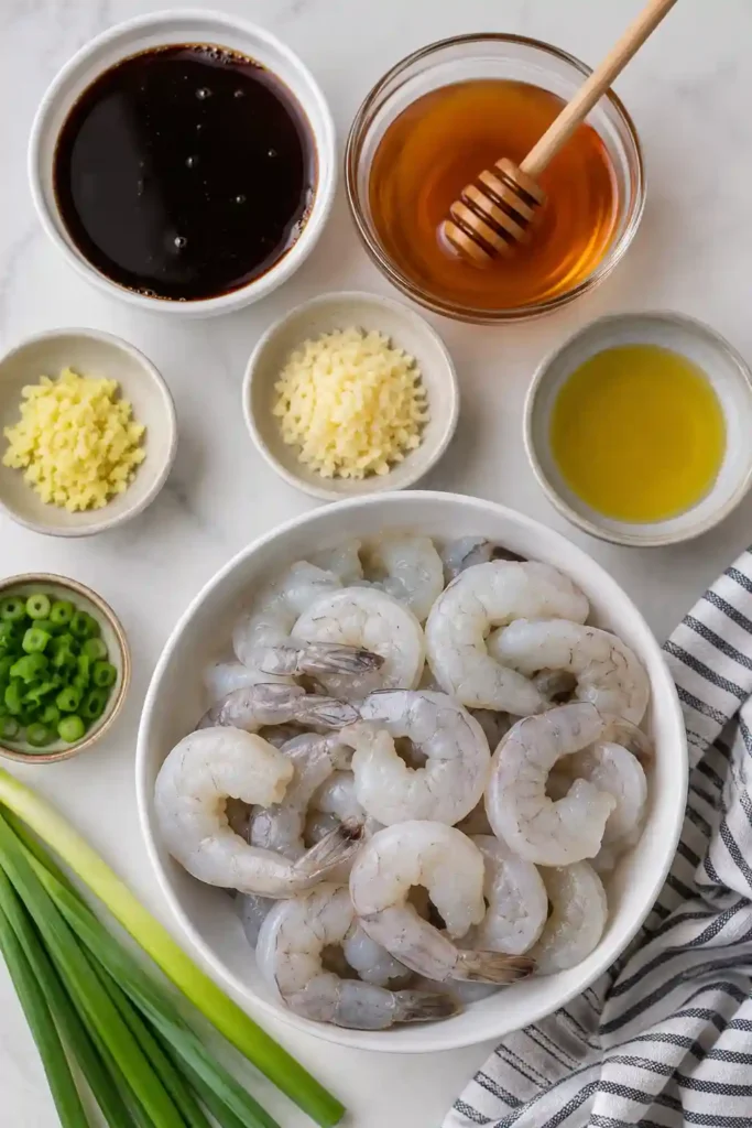 Honey Garlic Shrimp plated with steamed broccoli and brown rice for a complete healthy dinner. The shrimp are coated in a shiny homemade garlic sauce.