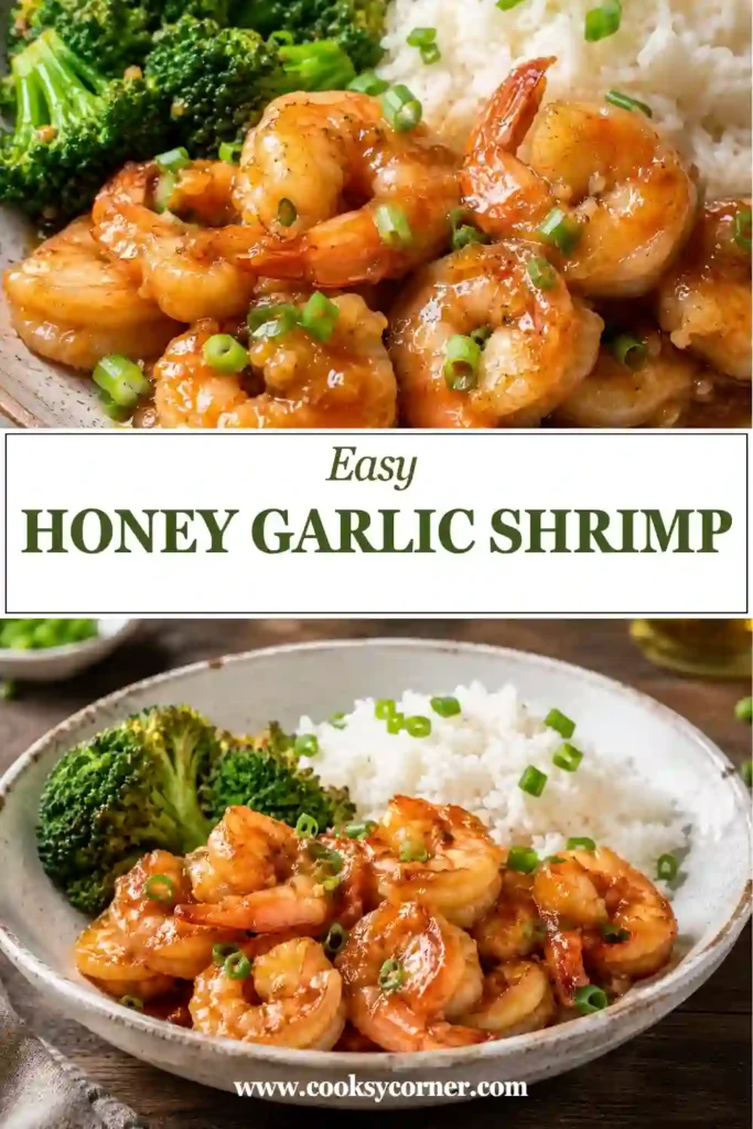Close-up of juicy honey garlic shrimp served over brown rice with green onion garnish. A healthy shrimp recipe perfect for busy weeknights.