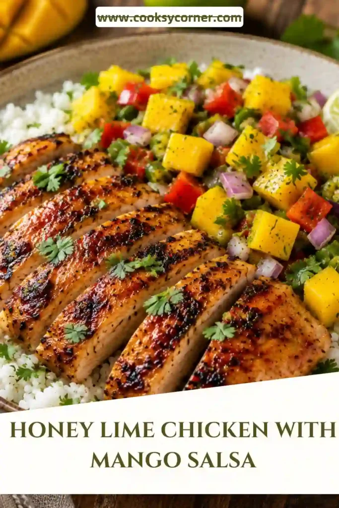 Honey lime chicken served with fresh mango salsa on a white plate. The juicy grilled chicken is topped with colorful mango, red onion, cilantro, and lime.