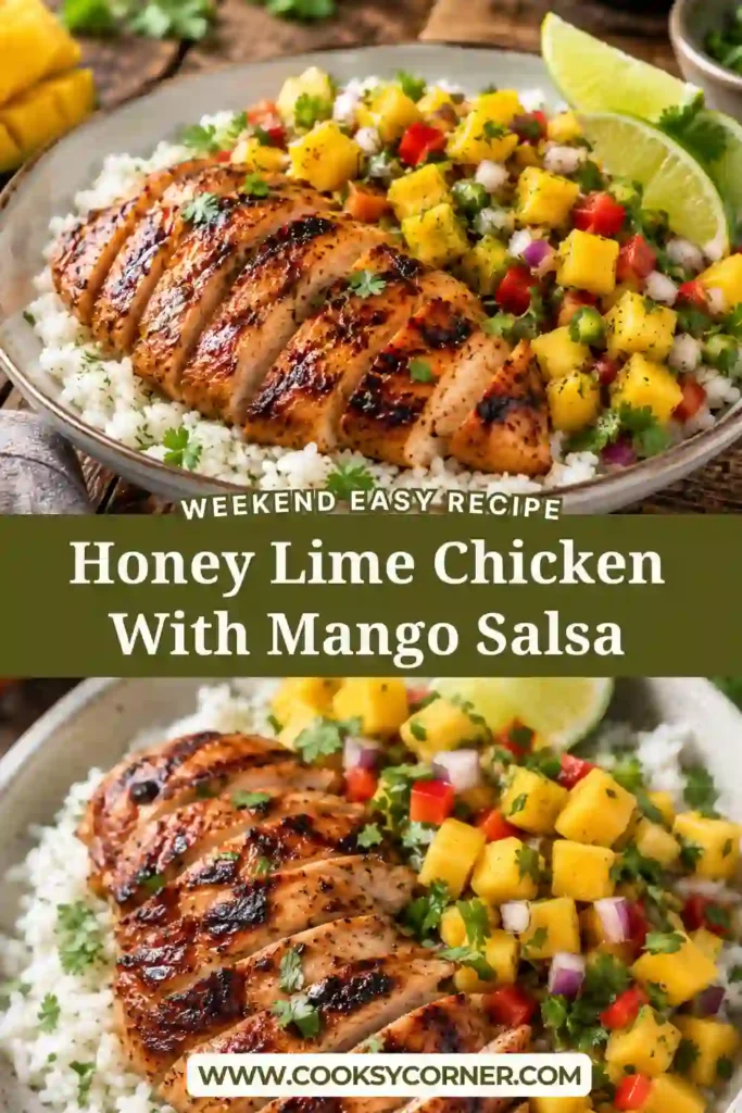 A healthy Honey Lime Chicken With Mango Salsa dinner served over rice. Bright tropical flavors and fresh ingredients make this chicken recipe perfect for summer meals.