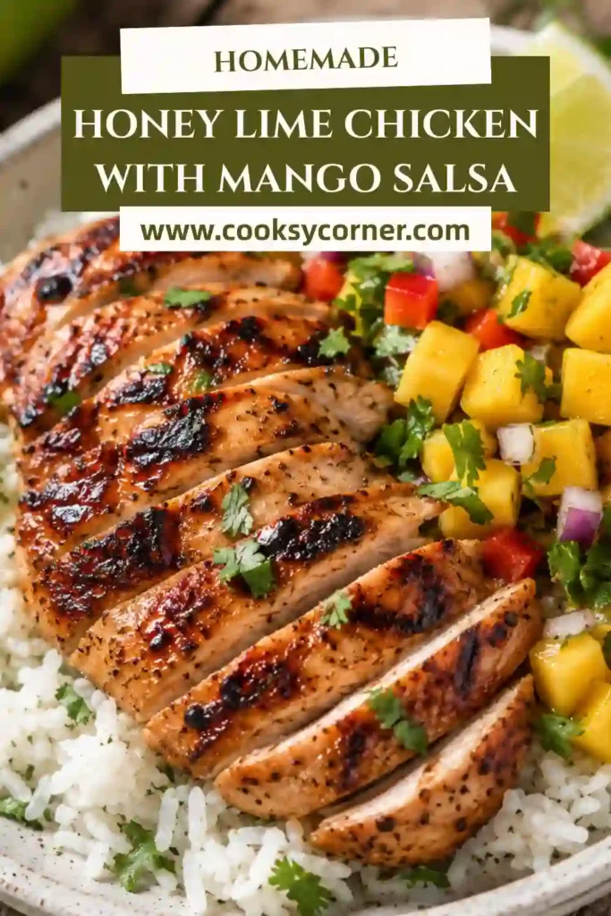 Grilled honey lime chicken breast topped with homemade mango salsa. Fresh mango, cilantro, and lime create a vibrant and flavorful presentation.