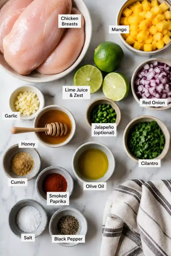 Close-up of sliced honey lime chicken with sweet mango salsa. This easy chicken dinner features juicy chicken and refreshing tropical flavors.