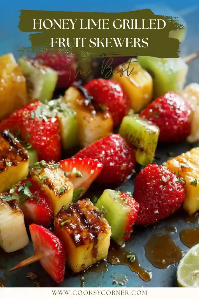 Tropical Honey Lime Grilled Fruit Skewers arranged on a serving platter with visible grill marks and fresh lime slices.