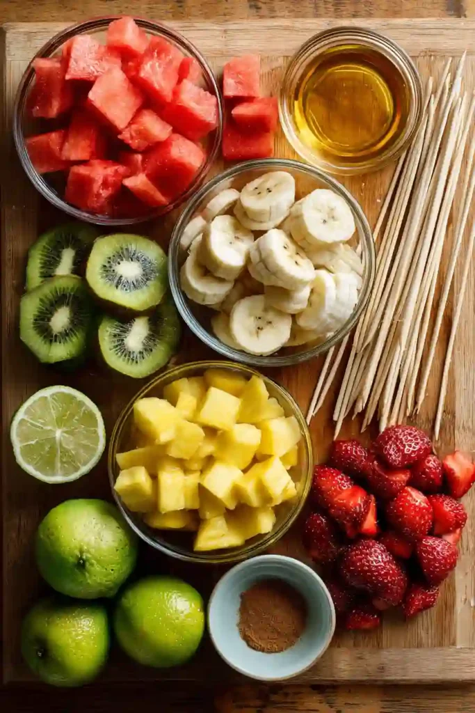 Healthy grilled fruit skewers made with colorful fresh fruit and a tangy honey lime glaze, perfect for outdoor entertaining.