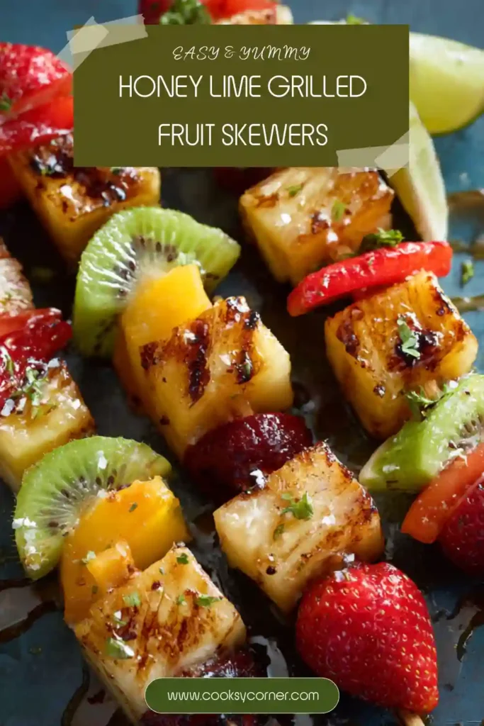 Colorful Honey Lime Grilled Fruit Skewers featuring pineapple, strawberries, kiwi, mango, watermelon, and bananas with light grill marks and honey glaze.