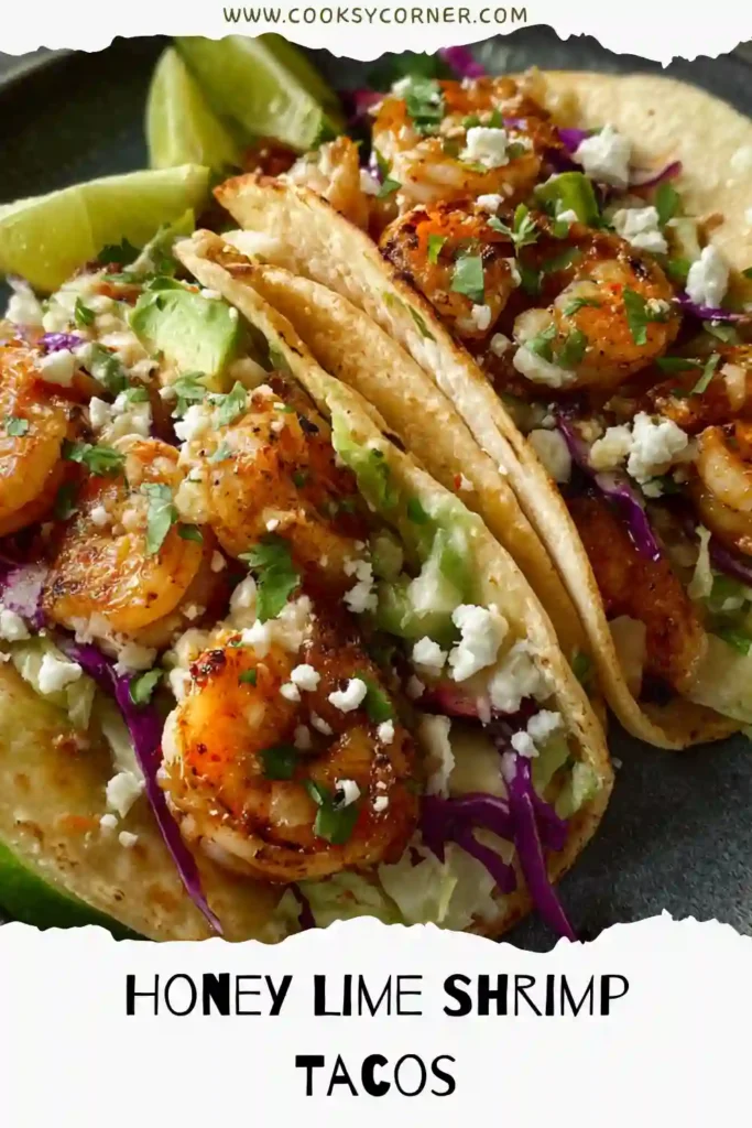 Honey Lime Shrimp Tacos arranged on a serving board with cilantro garnish and sliced avocado. The shrimp appear golden and perfectly cooked.