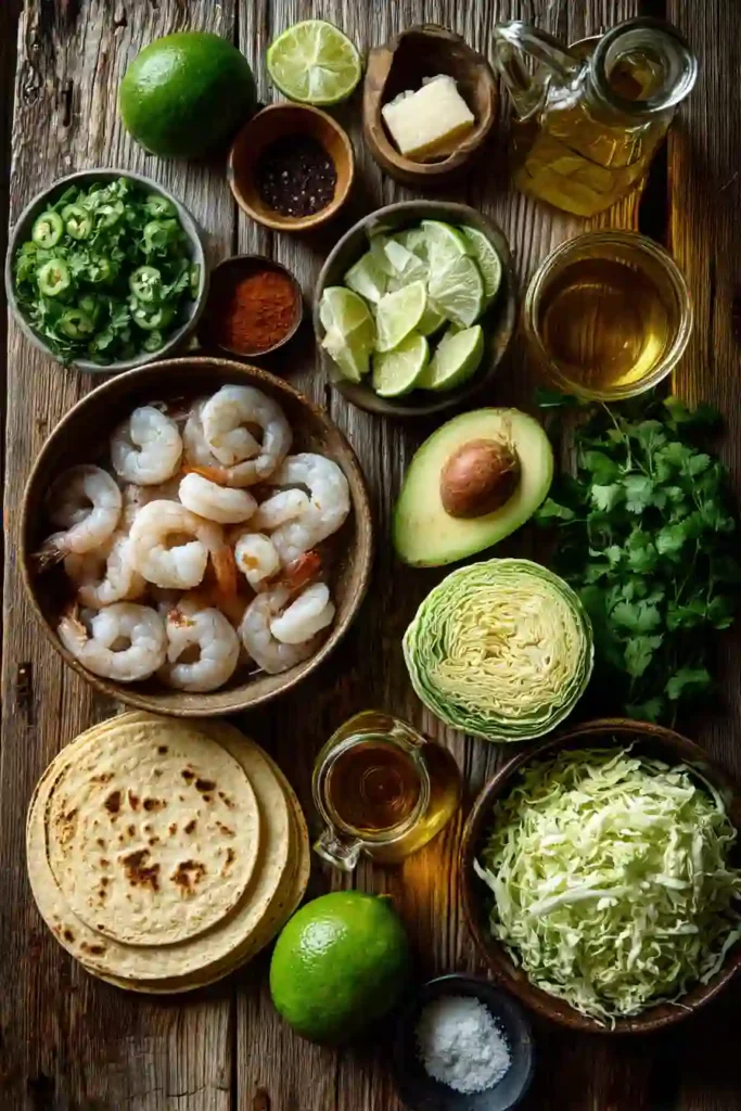 Fresh Honey Lime Shrimp Tacos topped with avocado and cilantro served with lime wedges. The tacos showcase colorful ingredients and a homemade presentation.