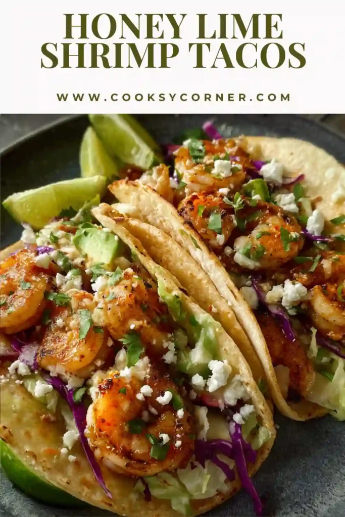Close-up of Honey Lime Shrimp Tacos served on a wooden platter with avocado and fresh lime wedges. The shrimp are caramelized and coated in a glossy citrus sauce.