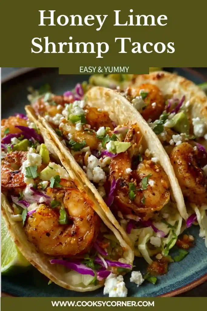 A plate of Honey Lime Shrimp Tacos filled with glazed shrimp, creamy cilantro lime slaw, and fresh avocado slices. The tacos are garnished with chopped cilantro and lime wedges.
