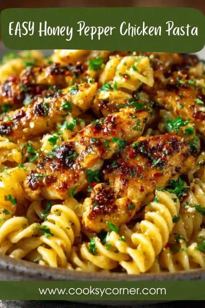 A bowl of Honey Pepper Chicken Pasta topped with fresh parsley and grated Parmesan cheese. Tender chicken and penne pasta are coated in a creamy honey pepper sauce.