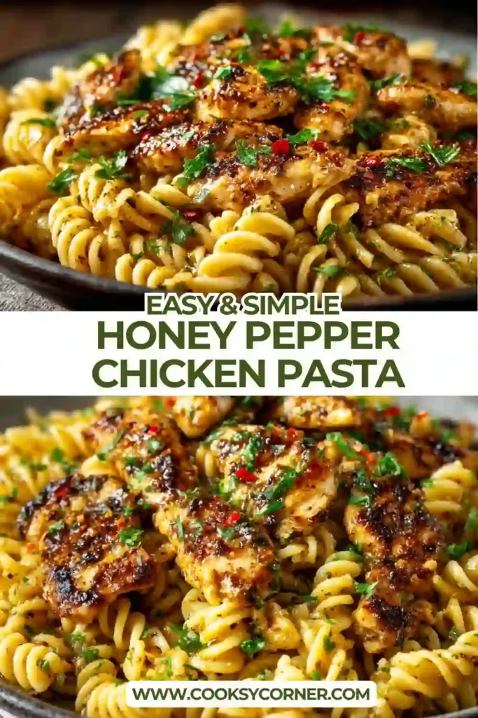 Close-up of Honey Pepper Chicken Pasta served in a white bowl with fresh parsley garnish. The creamy sauce coats every piece of pasta and chicken.
