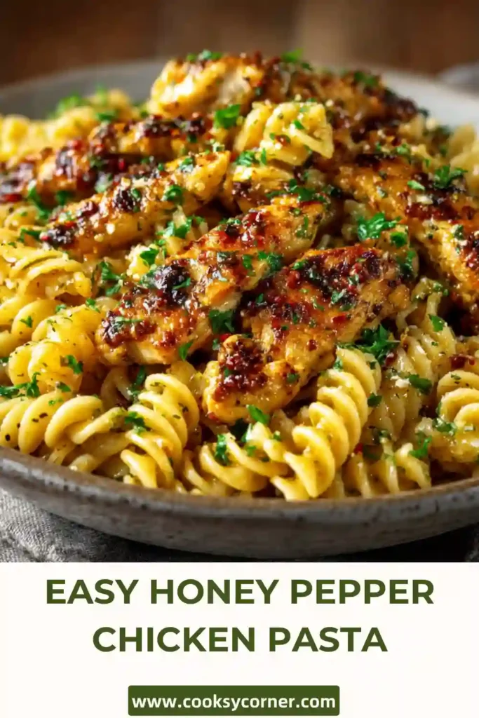 Freshly prepared Honey Pepper Chicken Pasta featuring juicy chicken breast pieces and creamy Parmesan sauce. Garnished with chopped parsley for added freshness.