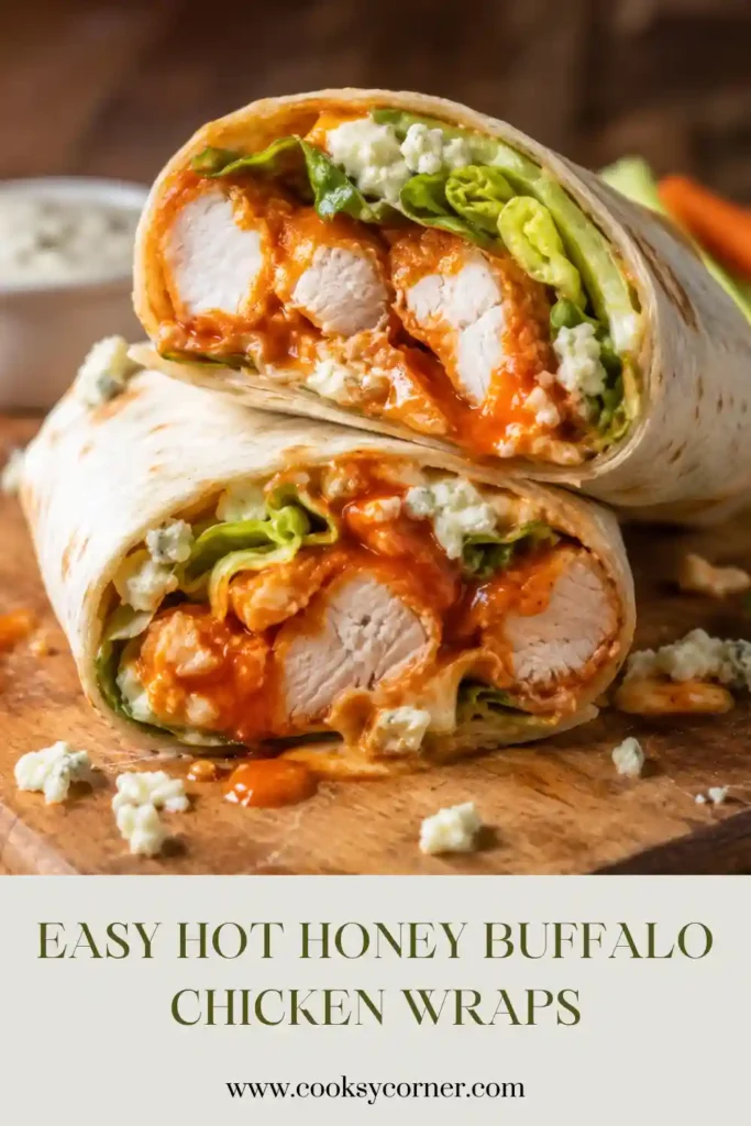 Hot honey buffalo chicken wraps filled with crispy chicken tenders, romaine lettuce, blue cheese, and ranch dressing wrapped in soft tortillas.