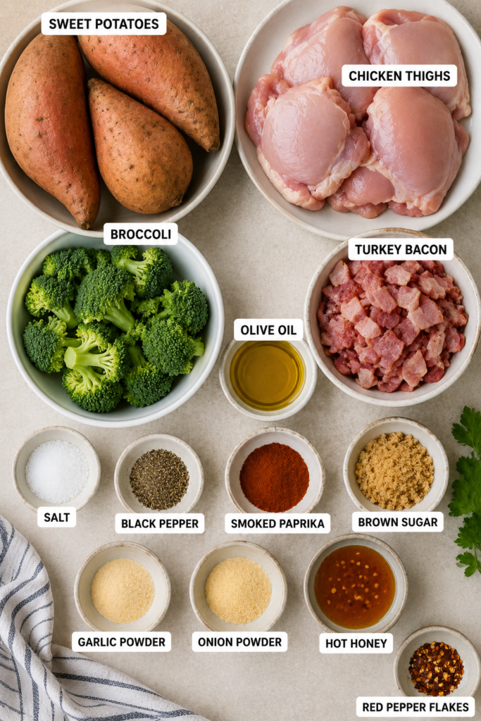 Healthy chicken bowls made with roasted vegetables, turkey bacon, and hot honey. An easy sheet pan dinner perfect for busy weeknights.