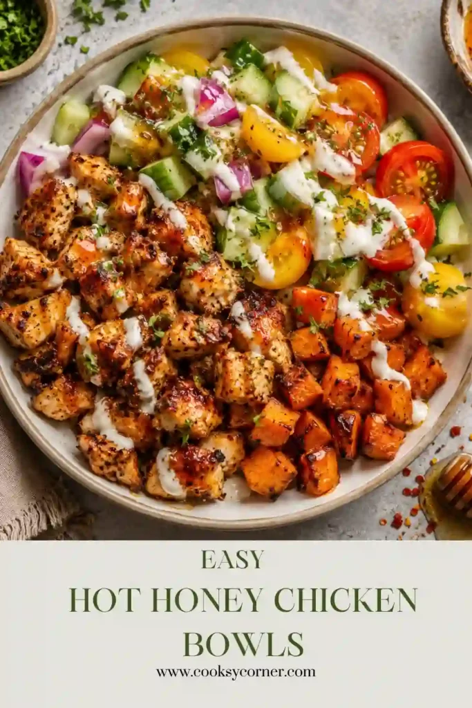 A colorful Hot Honey Chicken Bowl filled with roasted chicken thighs, sweet potatoes, broccoli, crispy turkey bacon, and a drizzle of hot honey. This healthy sheet pan meal is perfect for lunch or dinner.