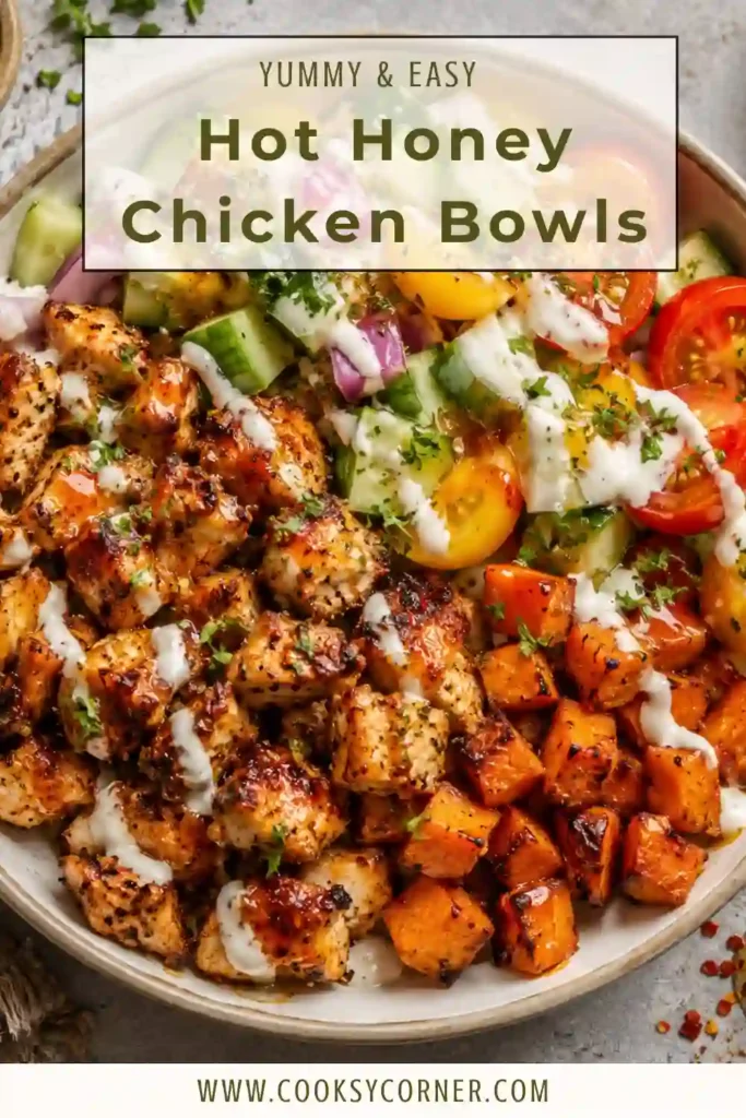 Easy Hot Honey Chicken Bowls featuring juicy roasted chicken, caramelized sweet potatoes, roasted broccoli, and sweet spicy honey. A delicious meal prep recipe.
