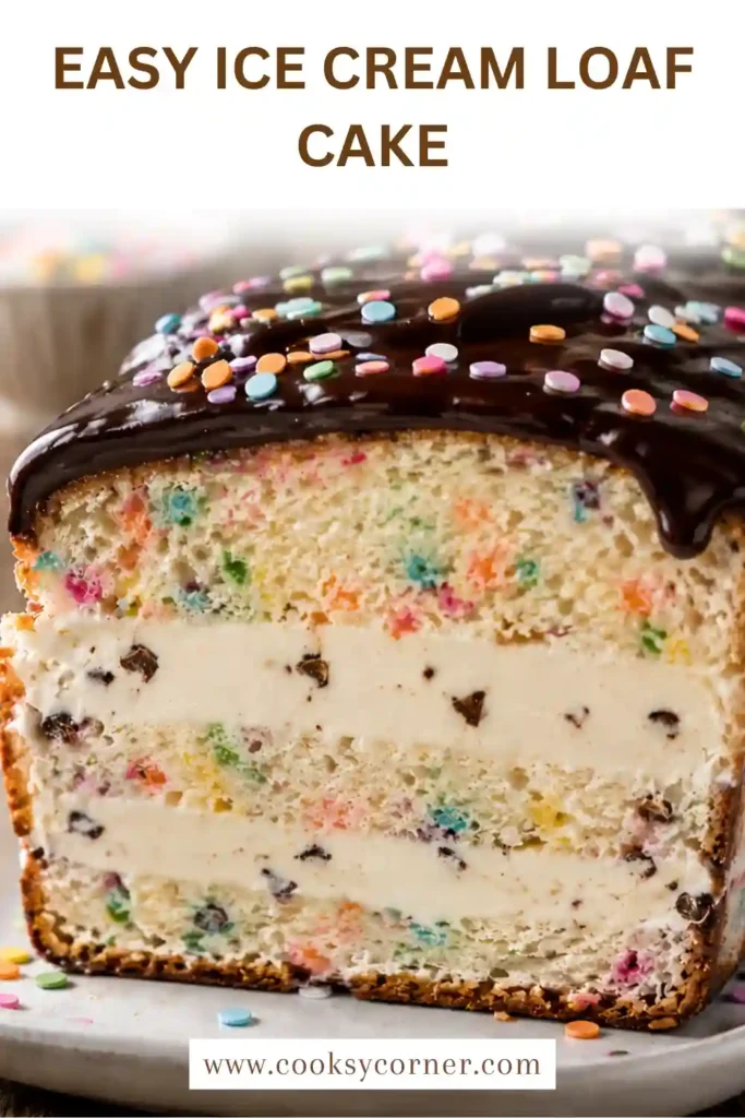 A sliced Ice Cream Loaf Cake layered with creamy vanilla ice cream and moist sprinkle loaf cake. Rich chocolate ganache covers the top for a stunning frozen dessert presentation.