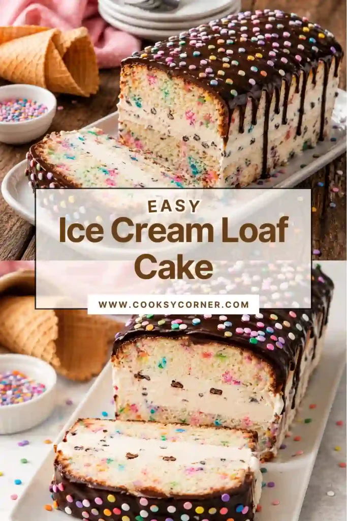 Homemade Ice Cream Loaf Cake featuring layers of soft vanilla cake, colorful sprinkles, and smooth ice cream. Finished with glossy chocolate ganache and festive toppings.