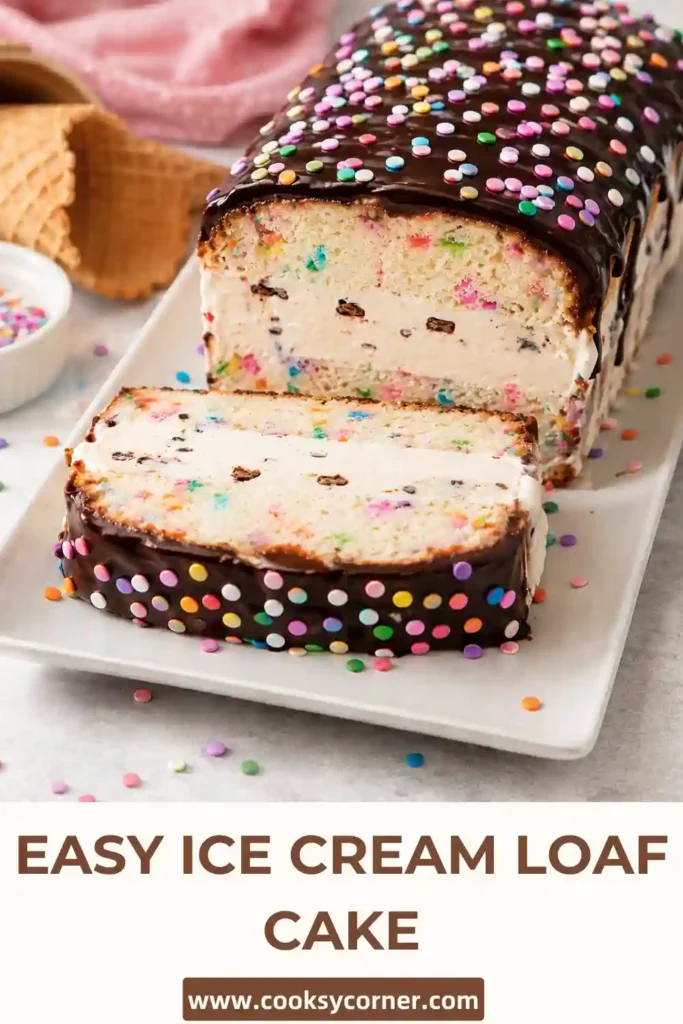 Frozen layered Ice Cream Loaf Cake served in thick slices with chocolate ganache dripping over the top. A delicious summer dessert perfect for celebrations.