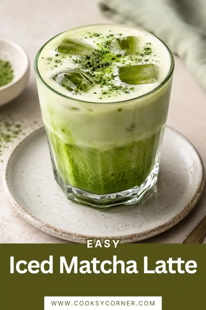 Creamy iced green tea latte featuring ceremonial-grade matcha and dairy-free milk in a tall glass.