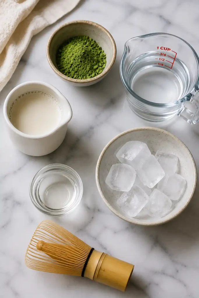 Easy homemade Iced Matcha Latte with layered matcha tea and milk served over ice on a bright tabletop.