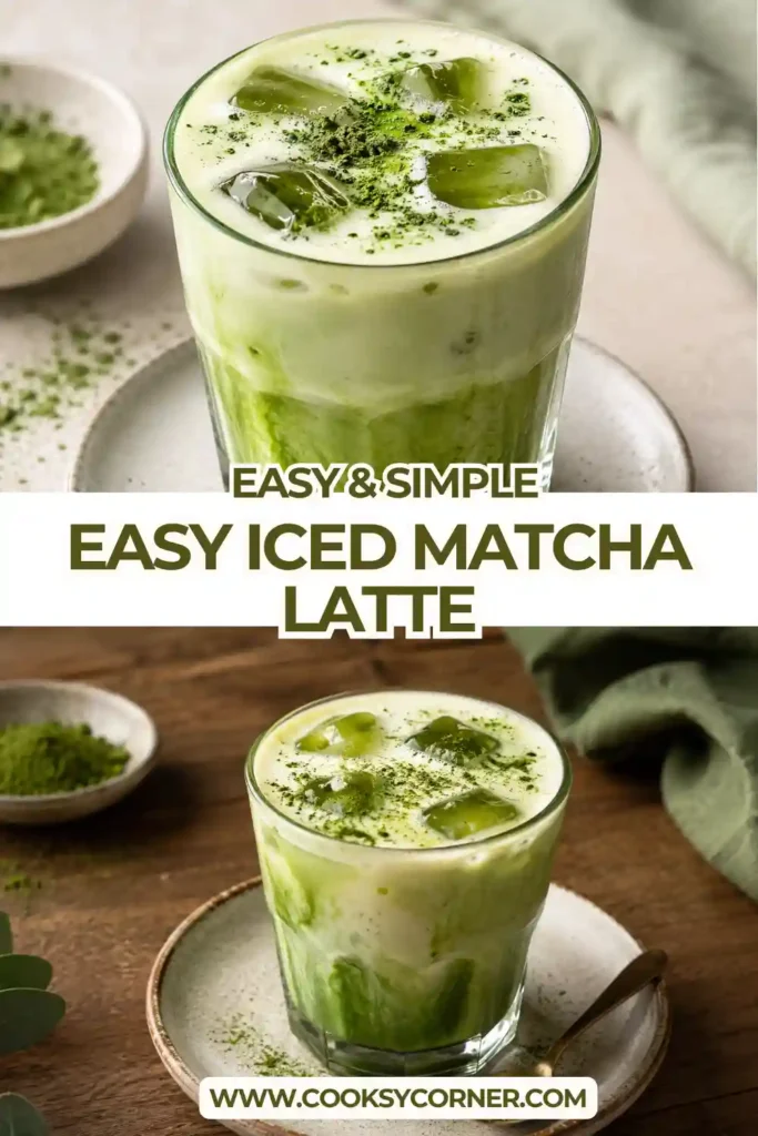 Refreshing iced matcha latte made with green tea powder, milk, and ice, garnished for a café-style presentation.