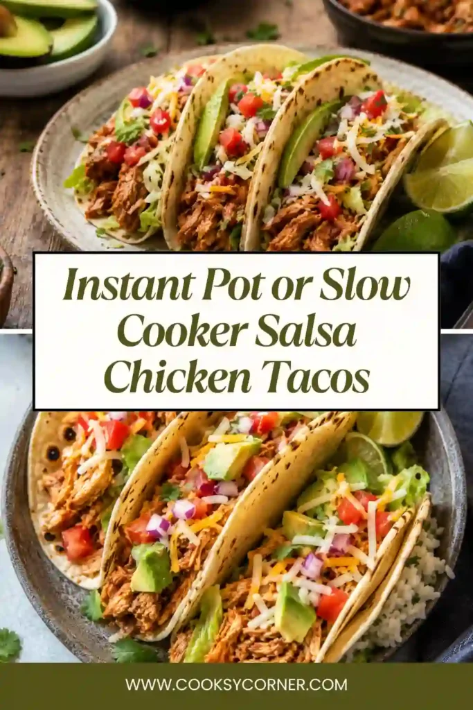 Close-up of Instant Pot salsa chicken tacos with melted cheese, fresh cilantro, and diced tomatoes.