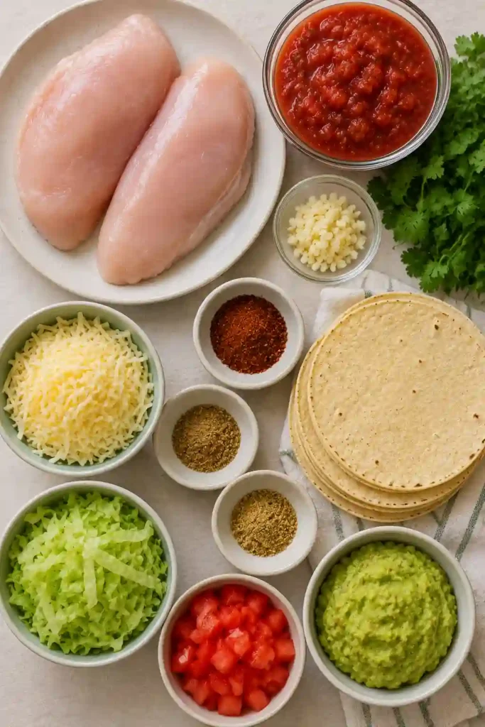 A platter of homemade salsa chicken tacos served with guacamole, lime wedges, and fresh toppings.