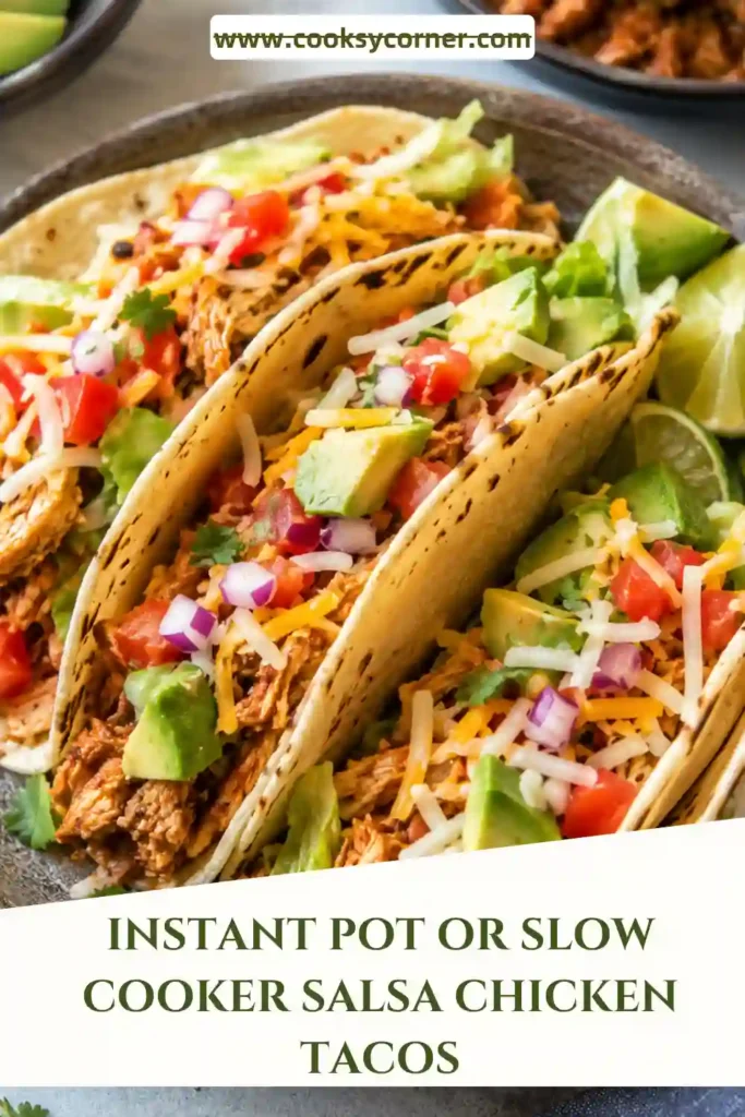 Shredded salsa chicken served in warm tortillas with lettuce, tomatoes, Monterey Jack cheese, avocado, and fresh cilantro.