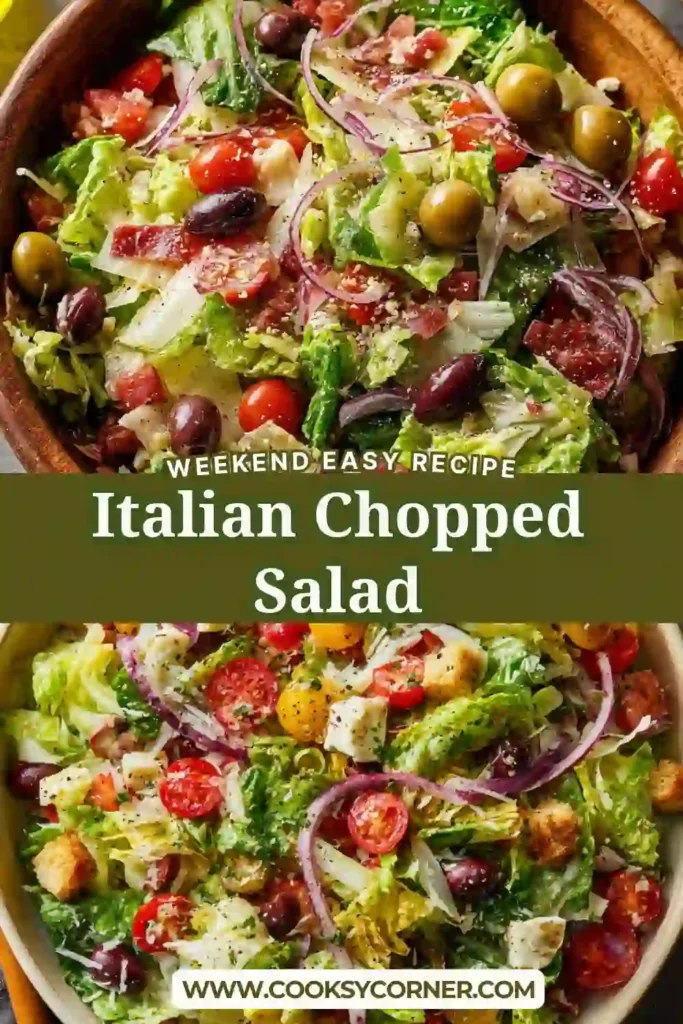 A bowl of Italian Chopped Salad filled with crisp iceberg lettuce, romaine, cucumbers, chickpeas, olives, tomatoes, and Parmesan cheese. The salad is tossed in a homemade Italian dressing.