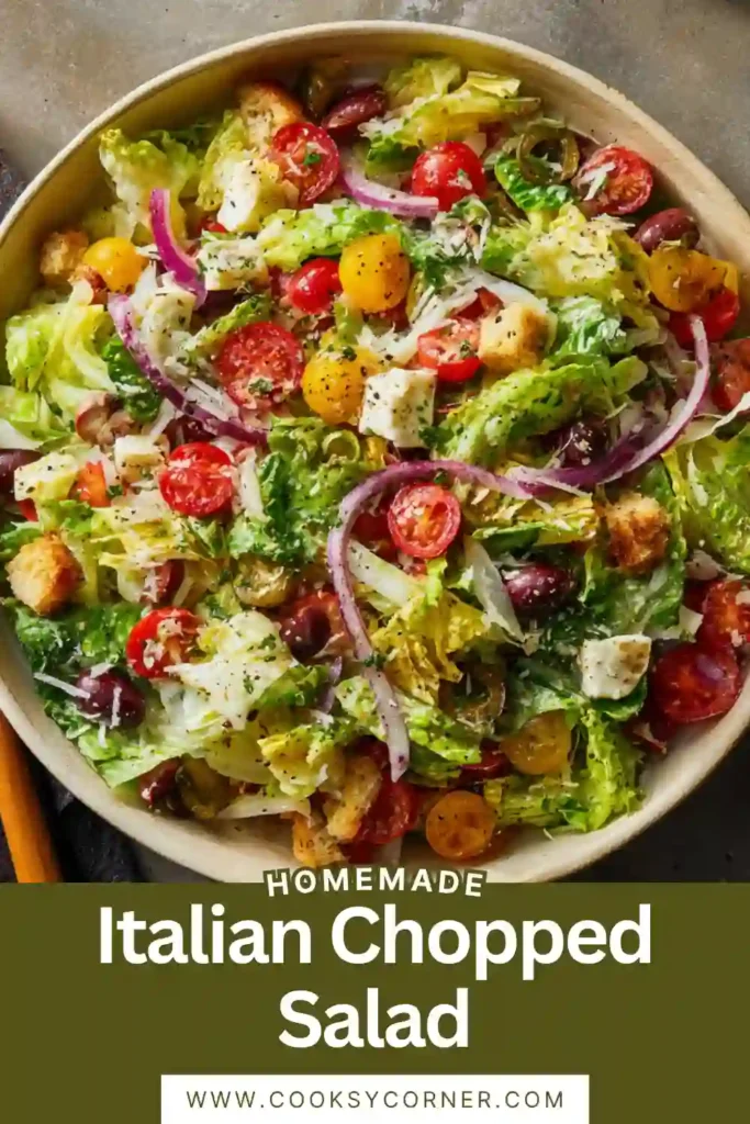 Healthy Italian Chopped Salad featuring crunchy lettuce, Persian cucumbers, olives, tomatoes, and herb dressing. Perfect as a light lunch or side dish.