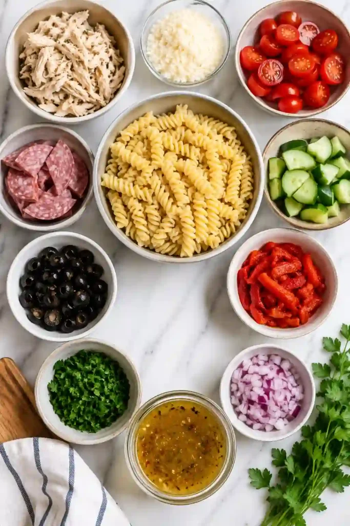 Close-up of homemade Italian pasta salad featuring tender pasta, juicy chicken, black olives, cucumbers, roasted peppers, and grated Parmesan cheese.