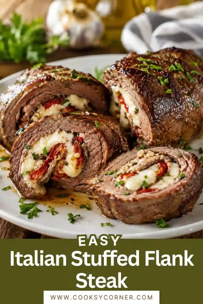 Tender Italian Stuffed Flank Steak with a flavorful herb filling and melted provolone, sliced into thick rounds.