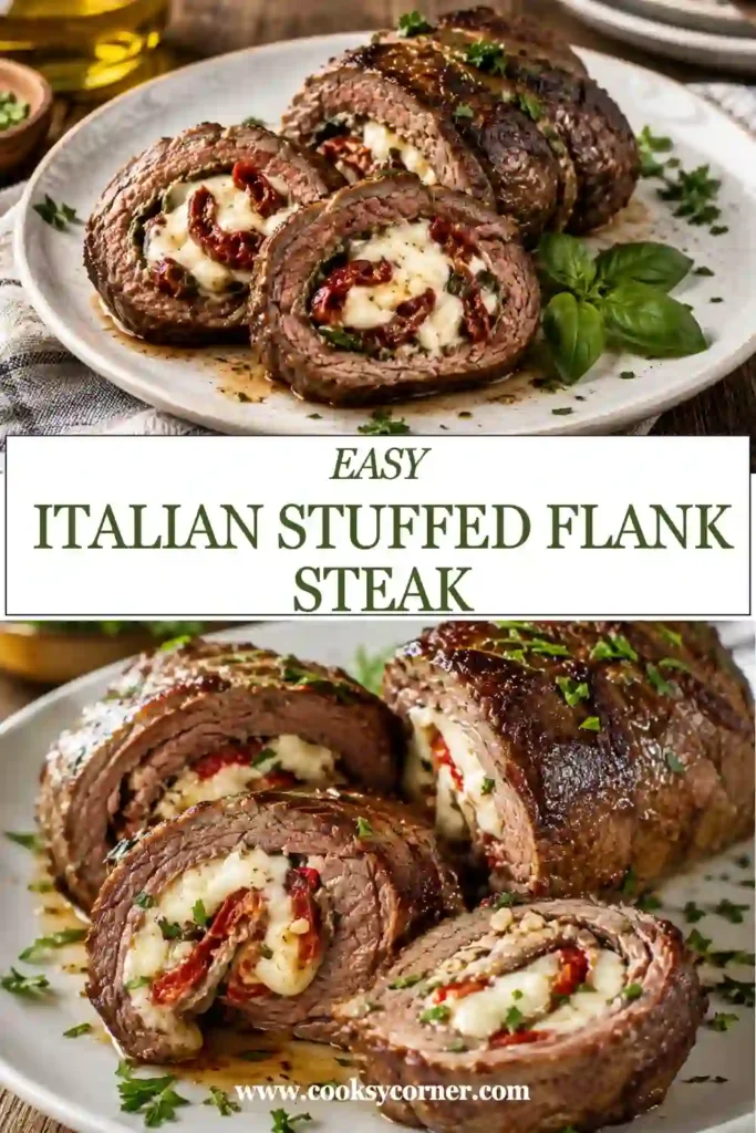 Golden-browned flank steak pinwheels stuffed with fresh herbs and cheese, served on a rustic platter.