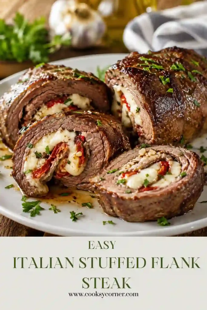 Italian Stuffed Flank Steak sliced into juicy pinwheels filled with herbs, turkey ham, and melted provolone cheese.