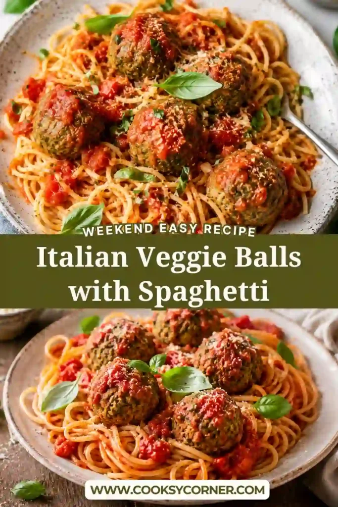 A plate of Italian Veggie Balls served over spaghetti with homemade tomato sauce and fresh basil. The baked lentil meatballs are golden brown and packed with wholesome ingredients.
